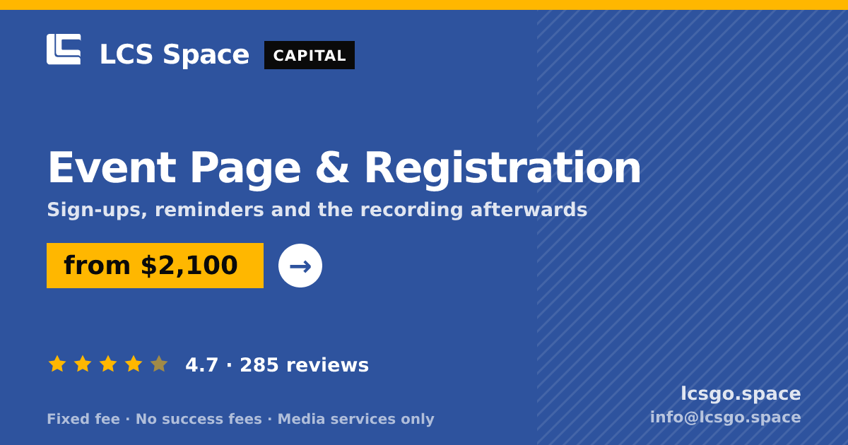 Event Page & Registration — from $2,100, rated 4.7/5 across 285 reviews. LCS Space.