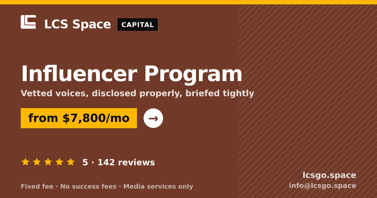 Influencer Program — from $7,800/mo, rated 5/5 across 142 reviews. LCS Space.