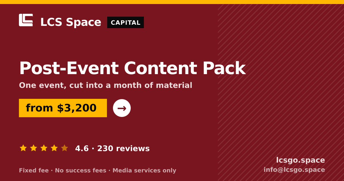 Post-Event Content Pack — from $3,200, rated 4.6/5 across 230 reviews. LCS Space.